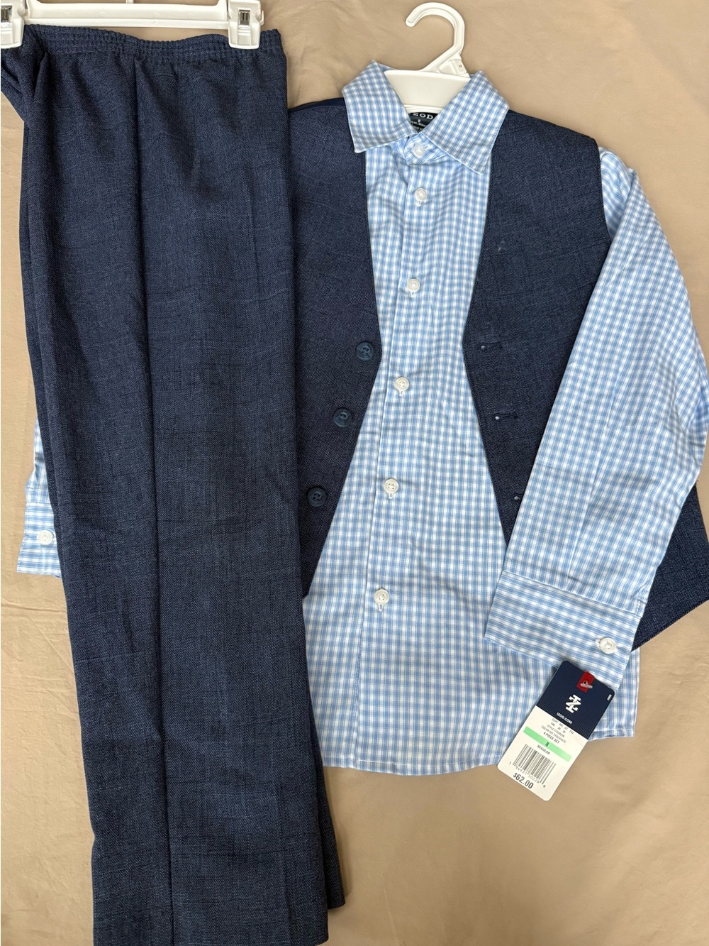 Izod Navy Vest & Pants with Light Blue Gingham Shirt